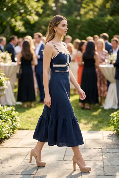 Sweetheart Neckline Midi Dress with Lace Trim Detail - Navy