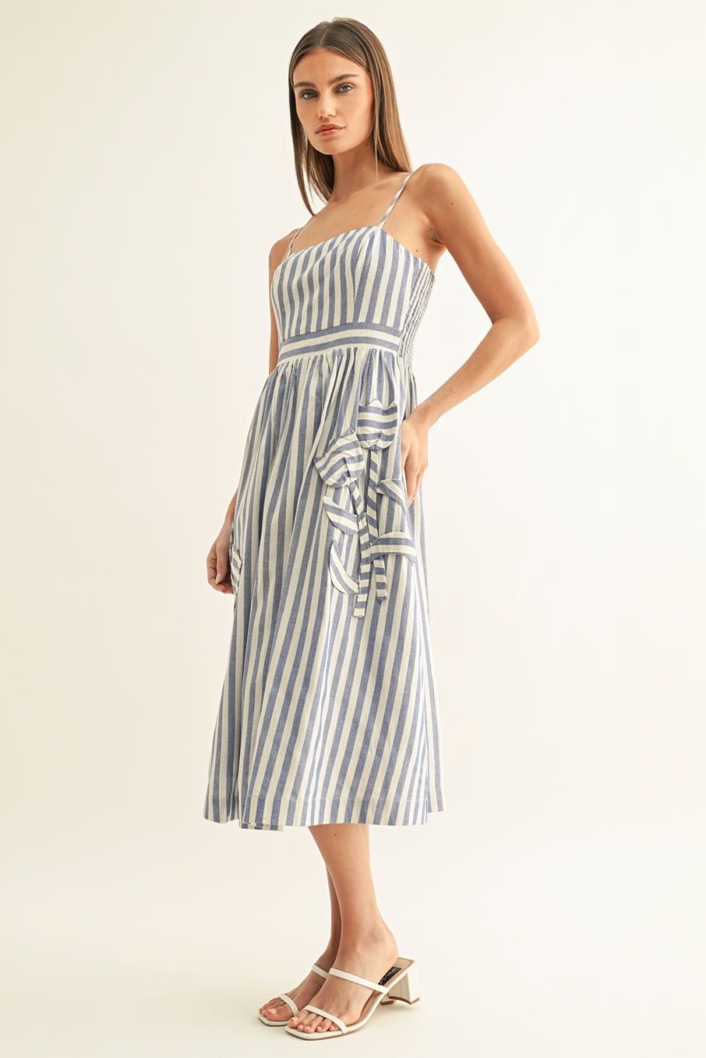 Emilia Striped 3D Floral Detail Midi Dress - Blue/White