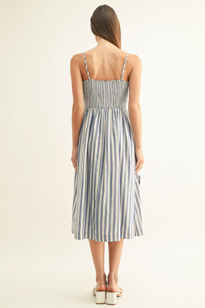 Emilia Striped 3D Floral Detail Midi Dress - Blue/White