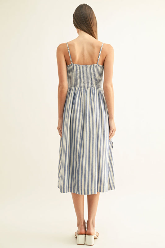 Emilia Striped 3D Floral Detail Midi Dress - Blue/White