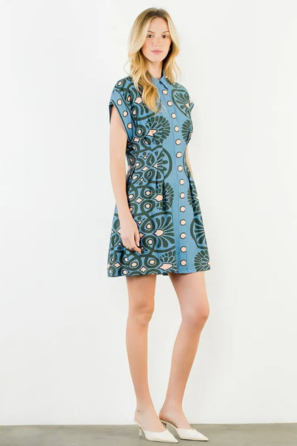 Short Sleeve Distinctive Pattern Dress - Blue
