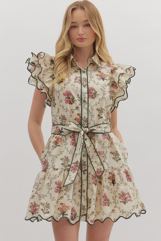 Sara Floral Ruffle Mini Dress - Ecru