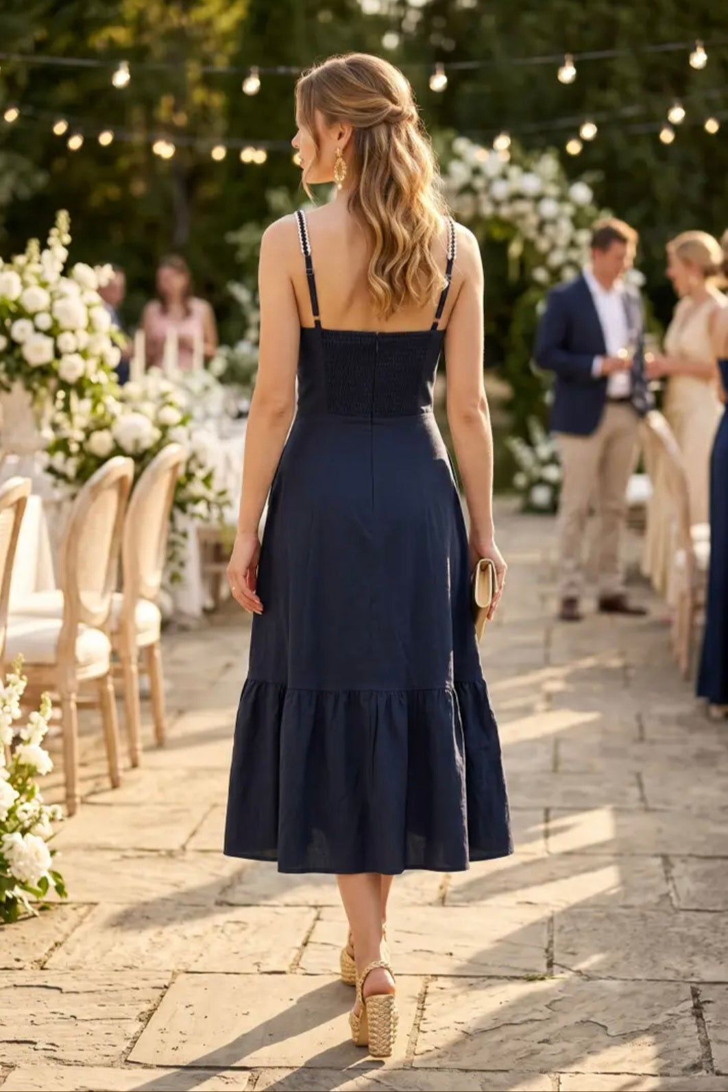 Sweetheart Neckline Midi Dress with Lace Trim Detail - Navy