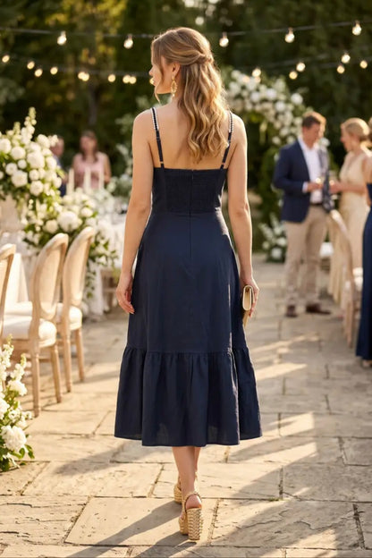 Sweetheart Neckline Midi Dress with Lace Trim Detail - Navy
