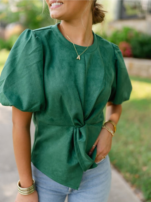 Puff Sleeve Twisted Detail Suede Top - Green