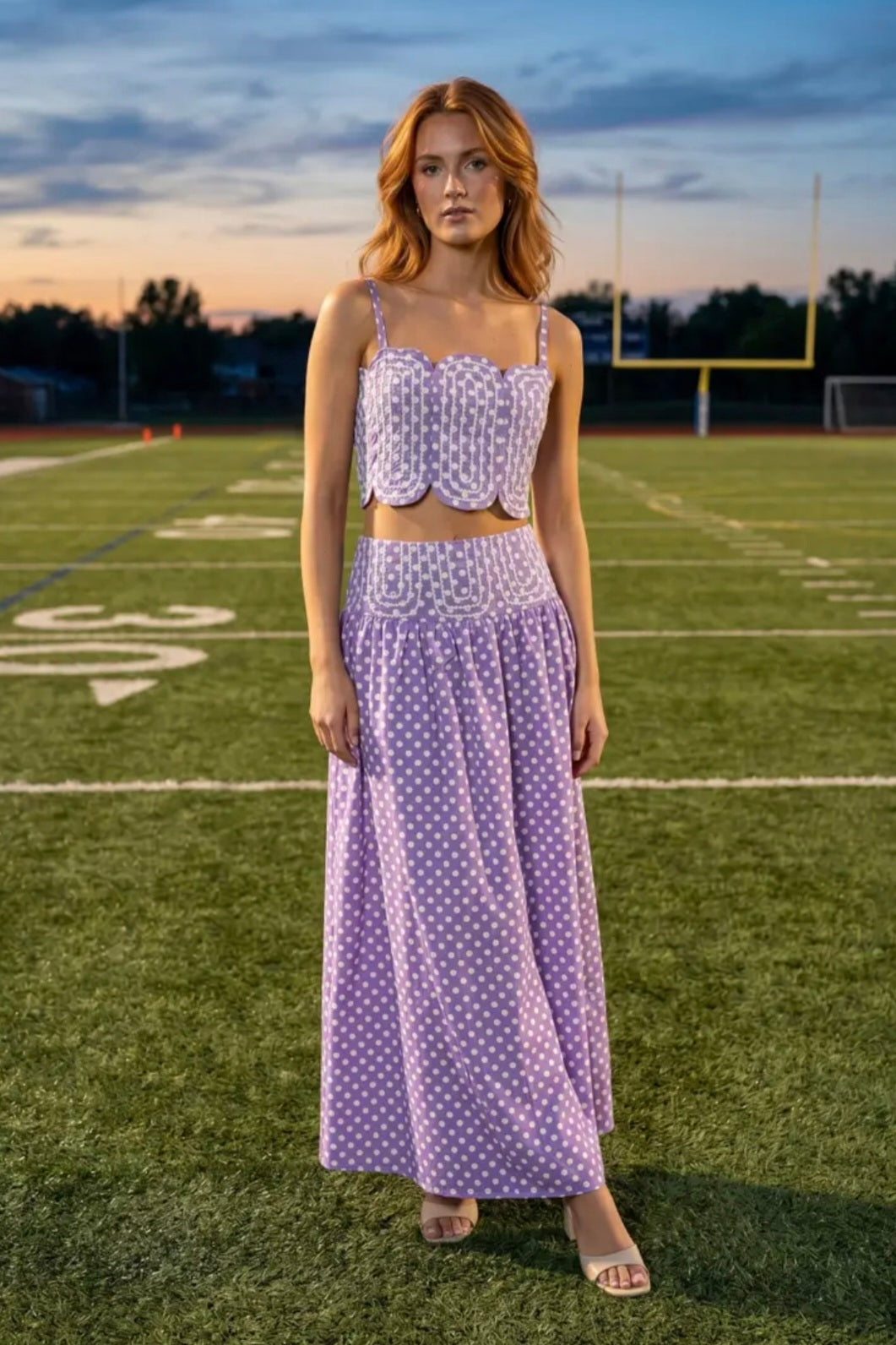 Trim Appliqué Crop Top and Polka Dot Maxi Skirt Set - Purple/White