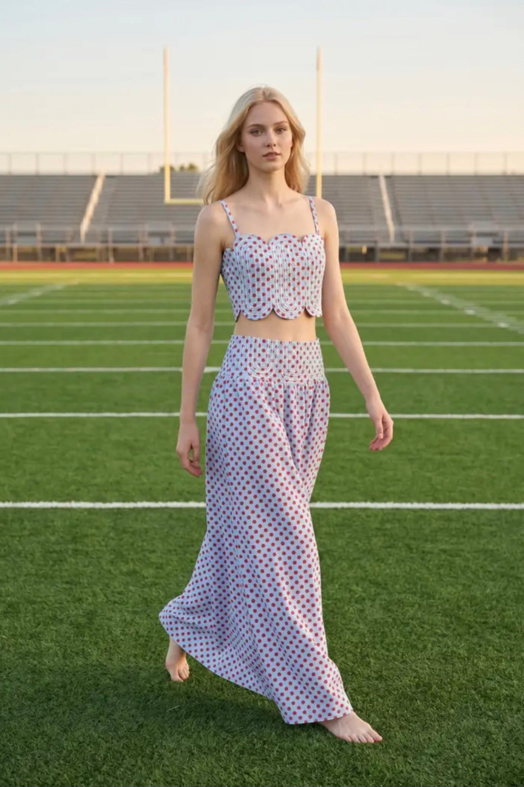 Trim Appliqué Crop Top and Polka Dot Maxi Skirt Set - Powder Blue/Red