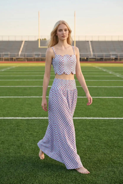 Trim Appliqué Crop Top and Polka Dot Maxi Skirt Set - Powder Blue/Red