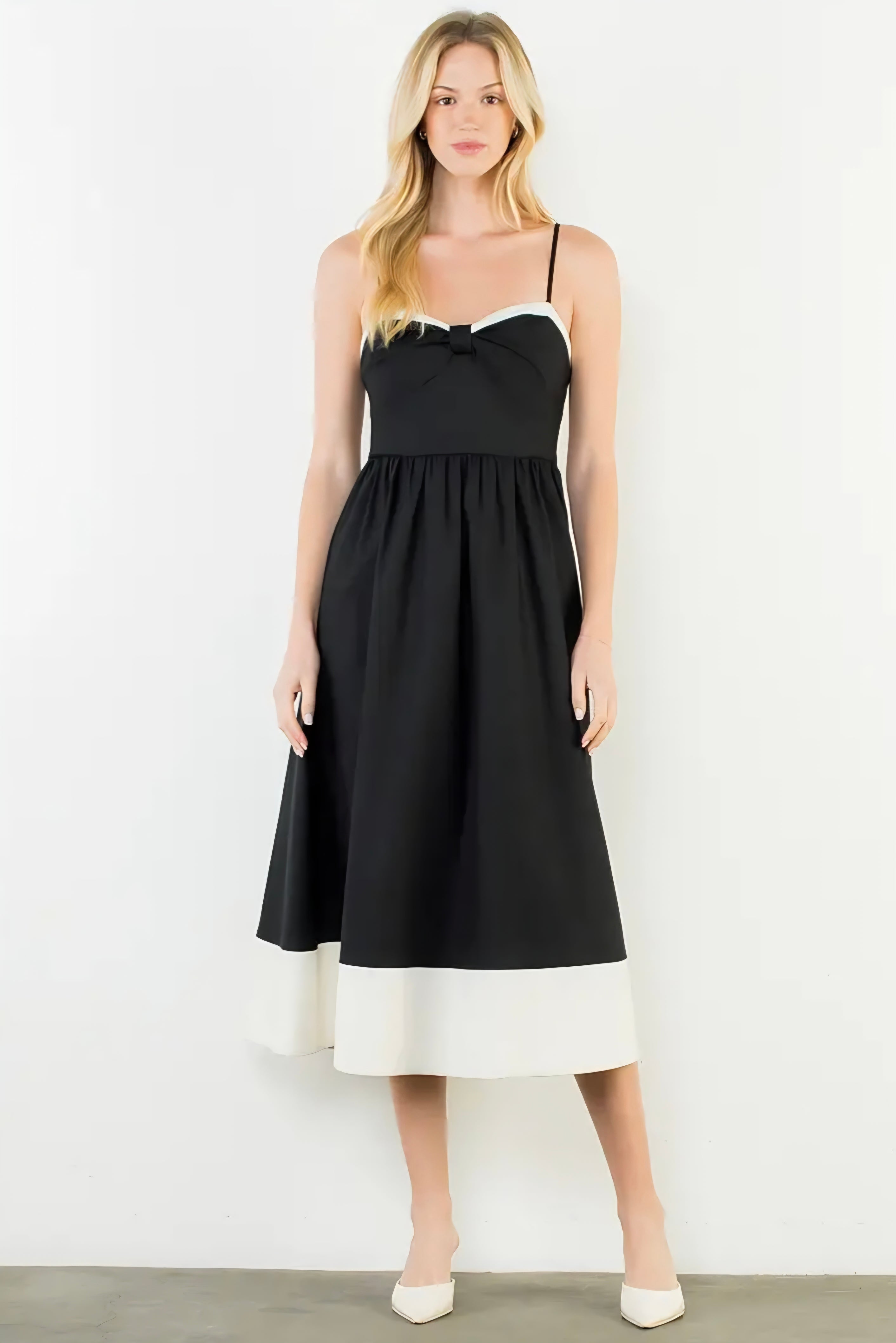 Thin Strap Bow Detail Midi Dress - Black