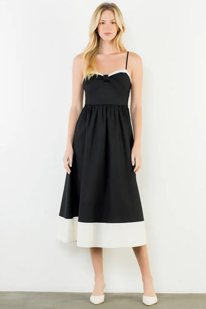 Thin Strap Bow Detail Midi Dress - Black