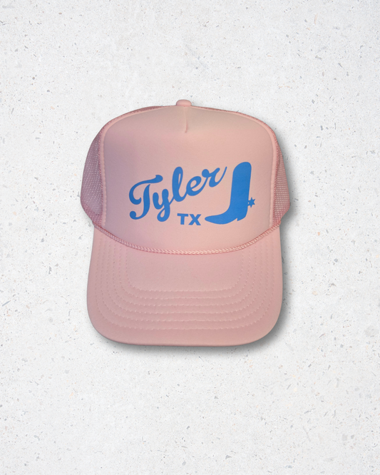 Tyler, TX Boot Trucker Hat - Light Pink/Blue
