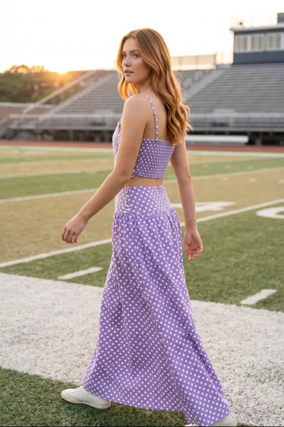 Trim Appliqué Crop Top and Polka Dot Maxi Skirt Set - Purple/White