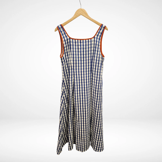 Thin Strap Gingham Pattern Dress - Navy