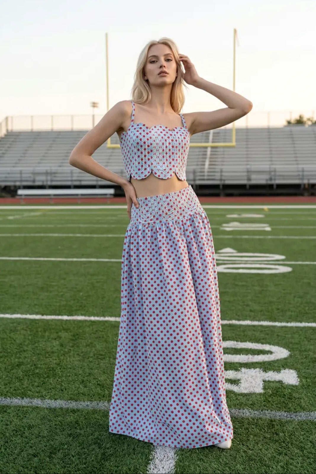 Trim Appliqué Crop Top and Polka Dot Maxi Skirt Set - Powder Blue/Red