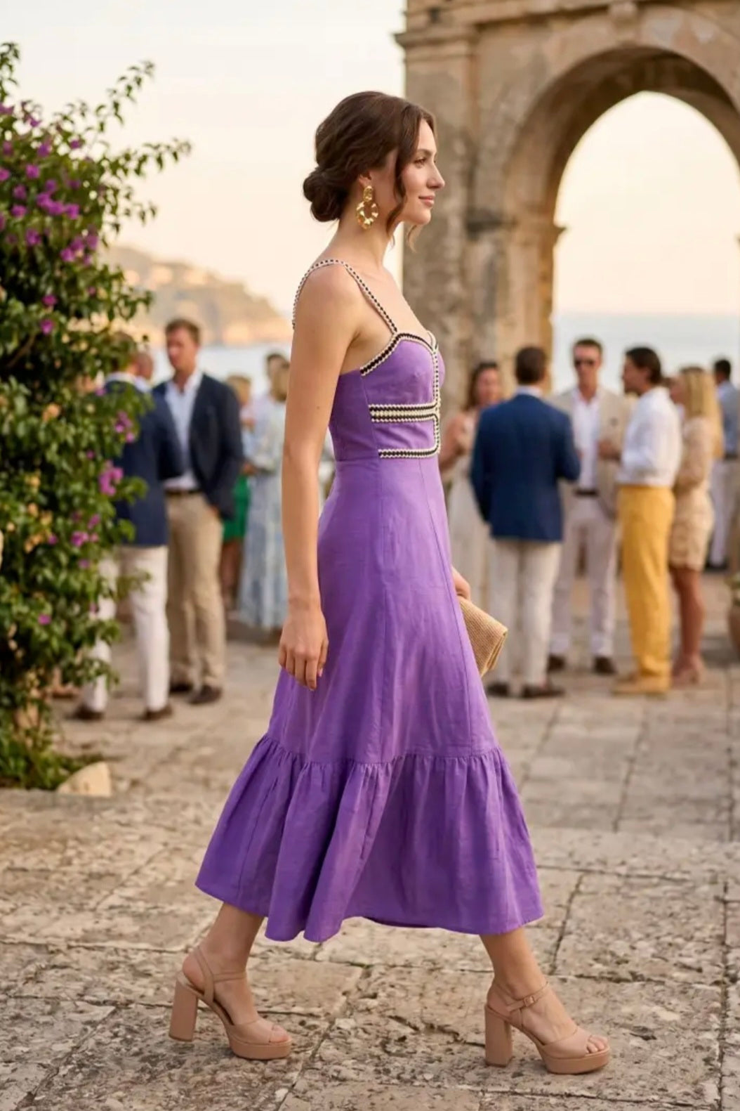 Sweetheart Neckline Midi Dress with Lace Trim Detail - Purple