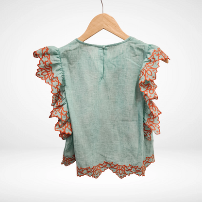 Flutter Sleeve Embroidery Detail Top - Mint