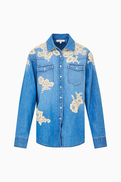 Kelith Lace Appliqué Chambray Shirt - Denim