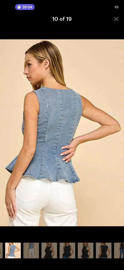 Boat Neckline Fit and Flare Denim Sleeveless Top - Denim