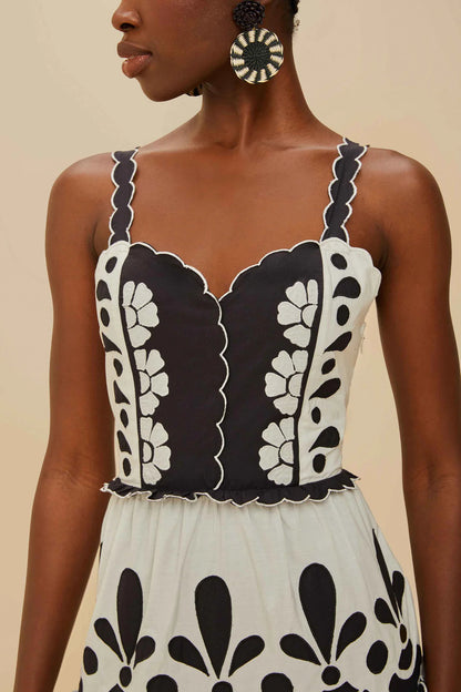 Summer Black and White Cutwork Midi Dress