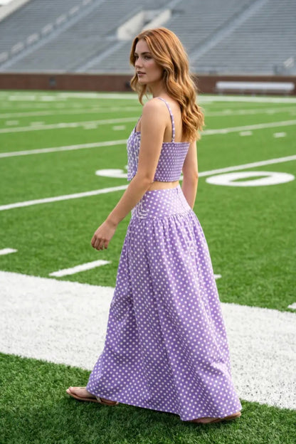 Trim Appliqué Crop Top and Polka Dot Maxi Skirt Set - Purple/White