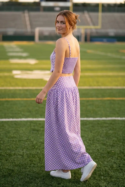 Trim Appliqué Crop Top and Polka Dot Maxi Skirt Set - Purple/White
