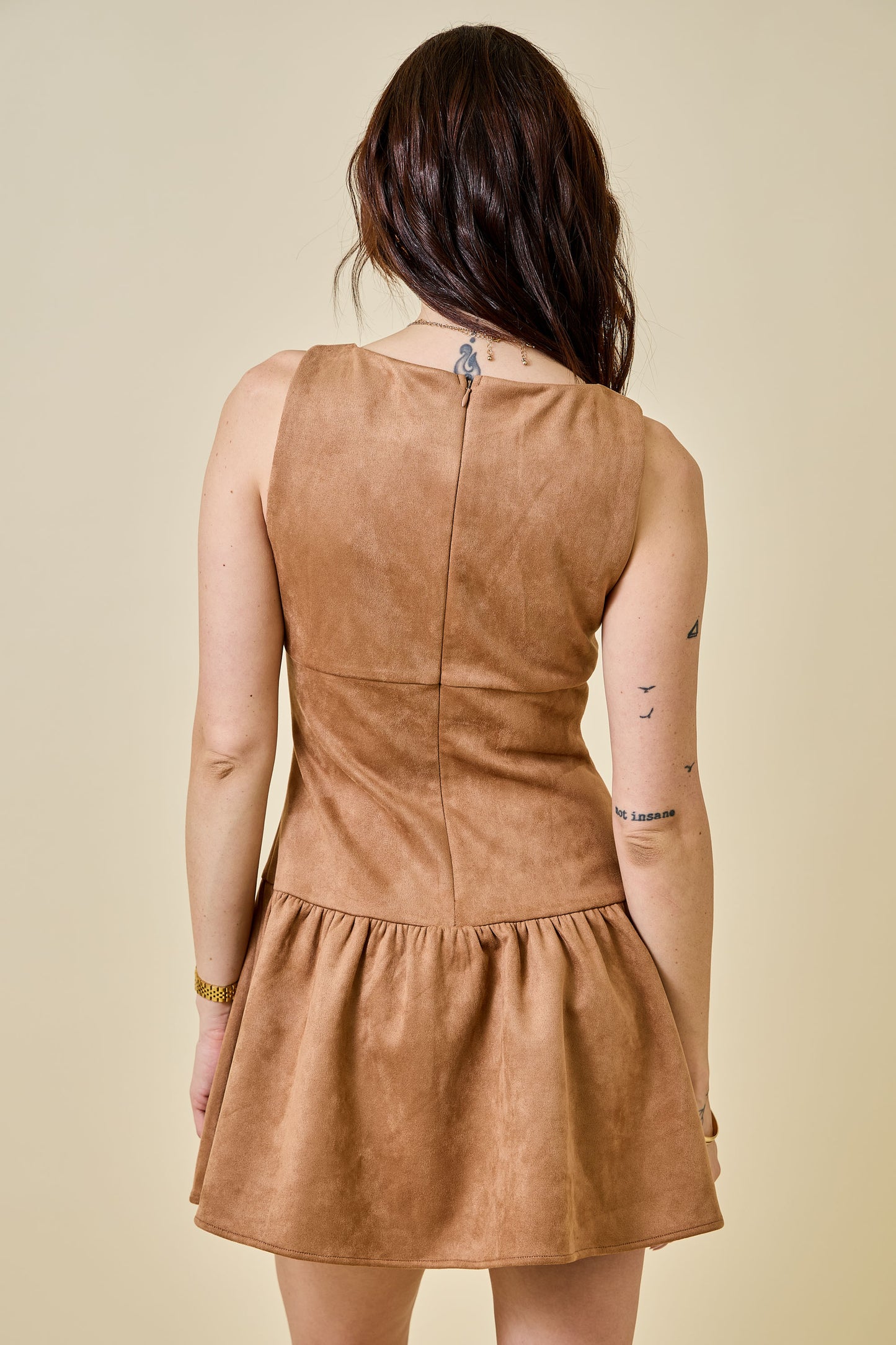 Suede Sleeveless Ruffle Drop Waist Mini Dresss w/Bow - Camel