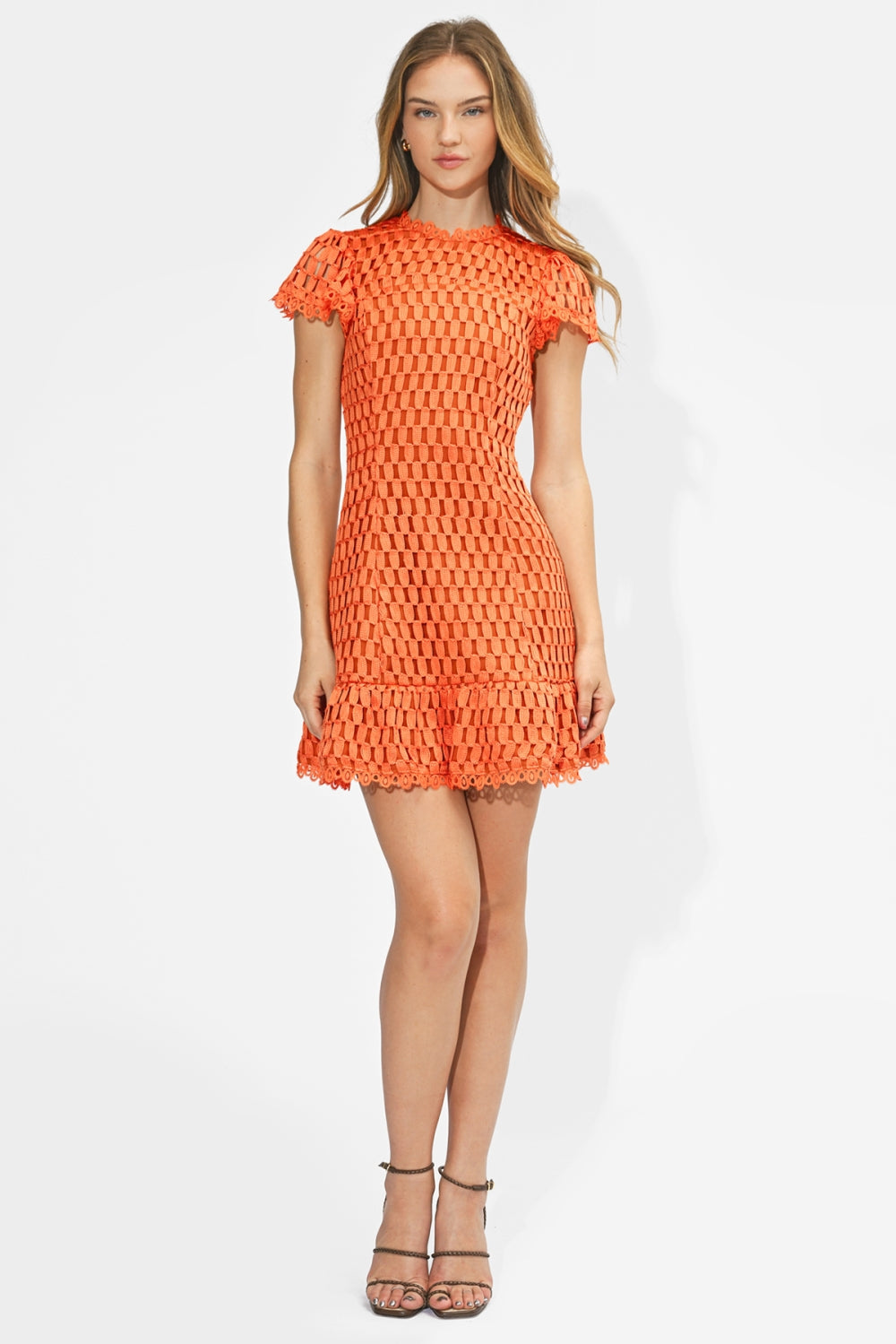 Kayla Flutter Sleeves Lace Mini Dress - Orange
