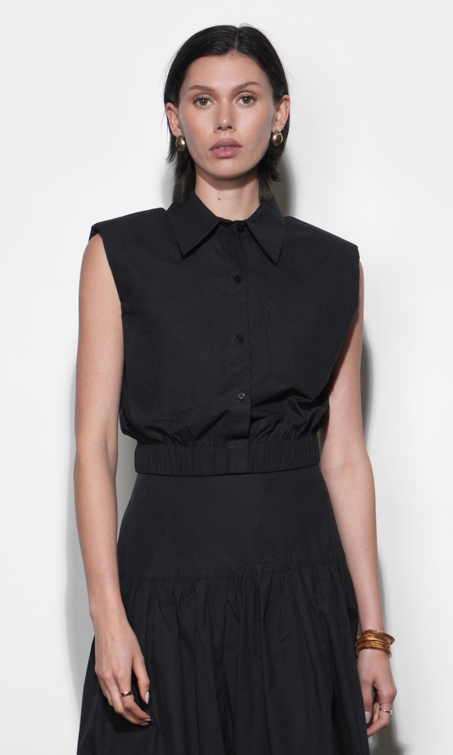 Oren Poplin Sleeveless Shirt With Elasticized Hem - Black