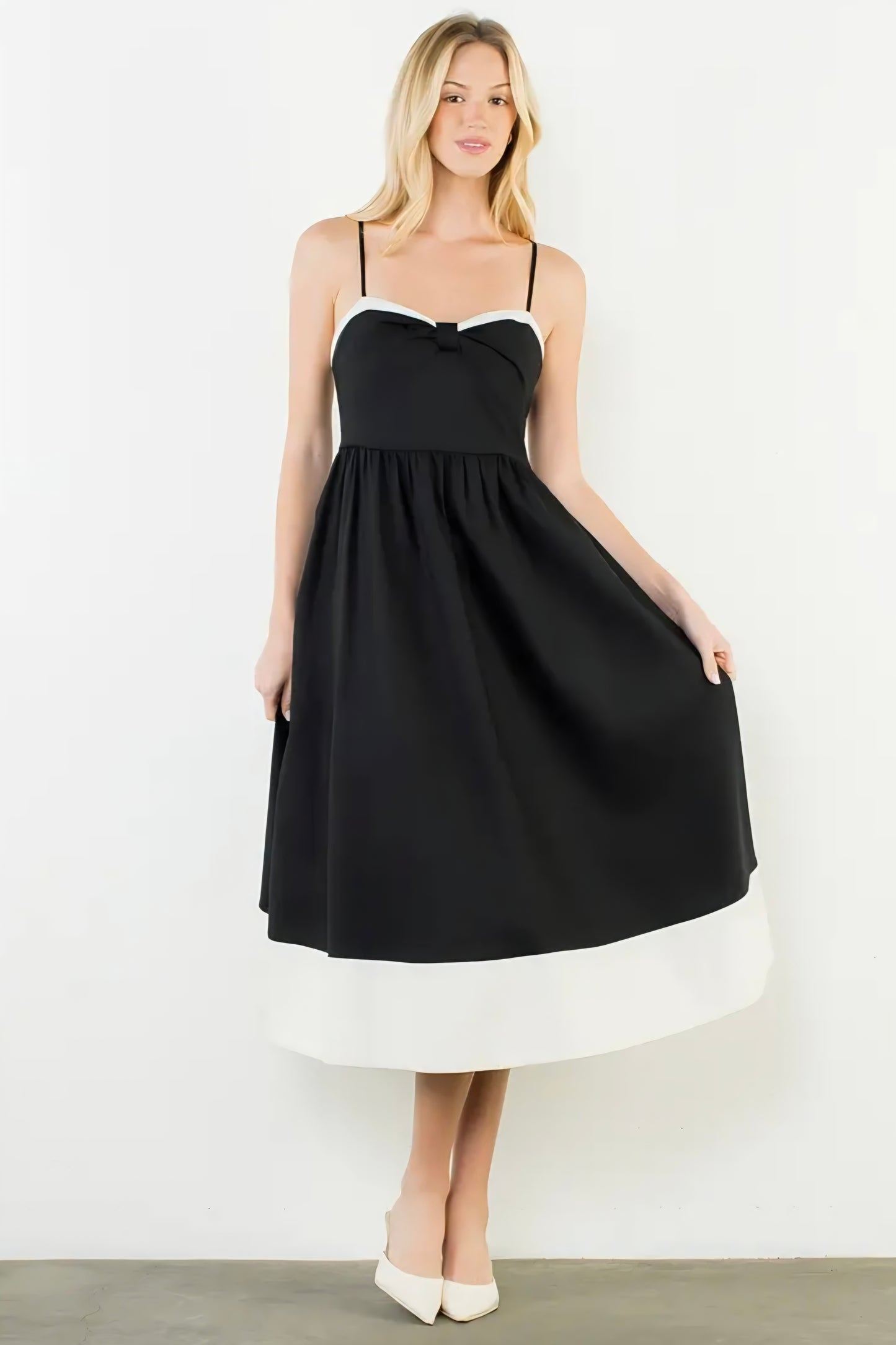 Thin Strap Bow Detail Midi Dress - Black