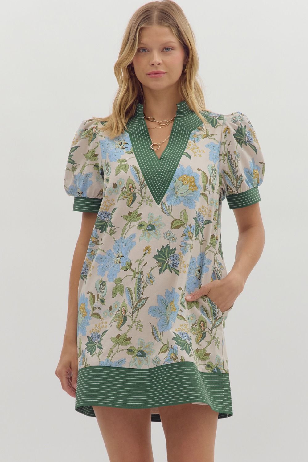 Abbey Dress - Ecru/Green