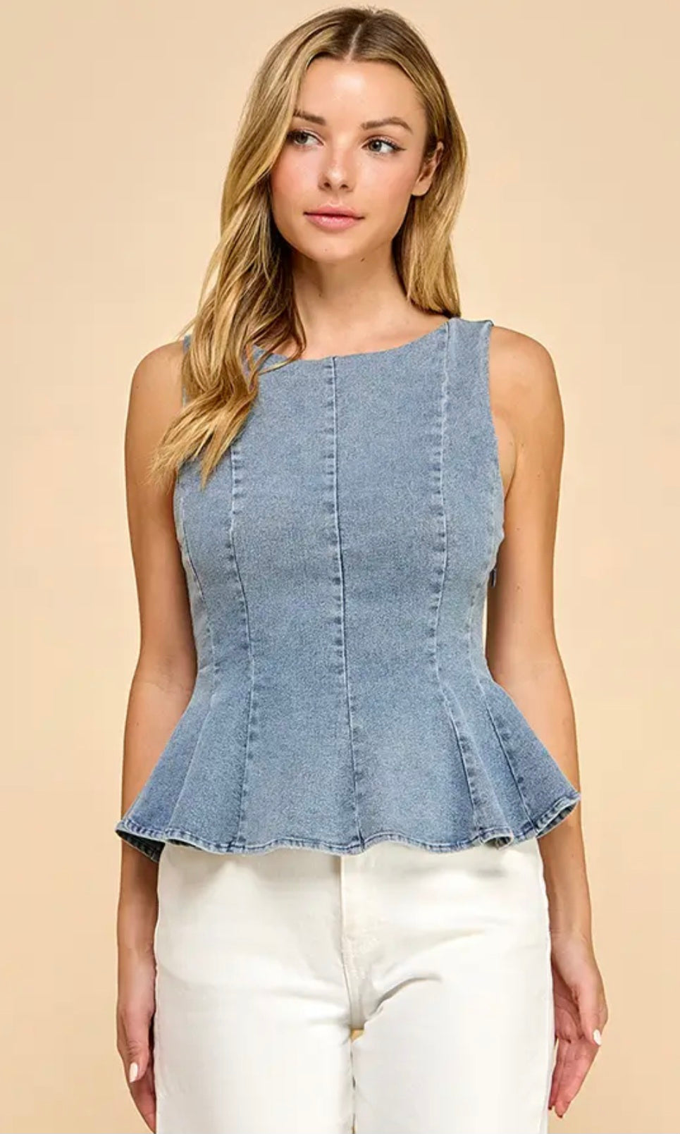 Boat Neckline Fit and Flare Denim Sleeveless Top - Denim
