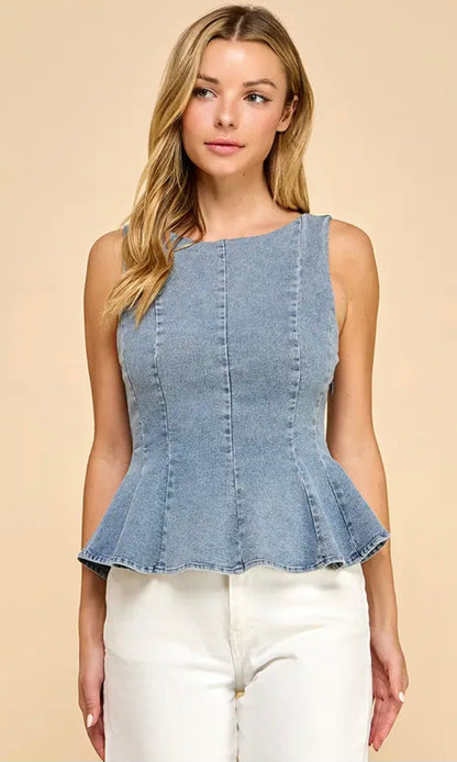 Boat Neckline Fit and Flare Denim Sleeveless Top - Denim