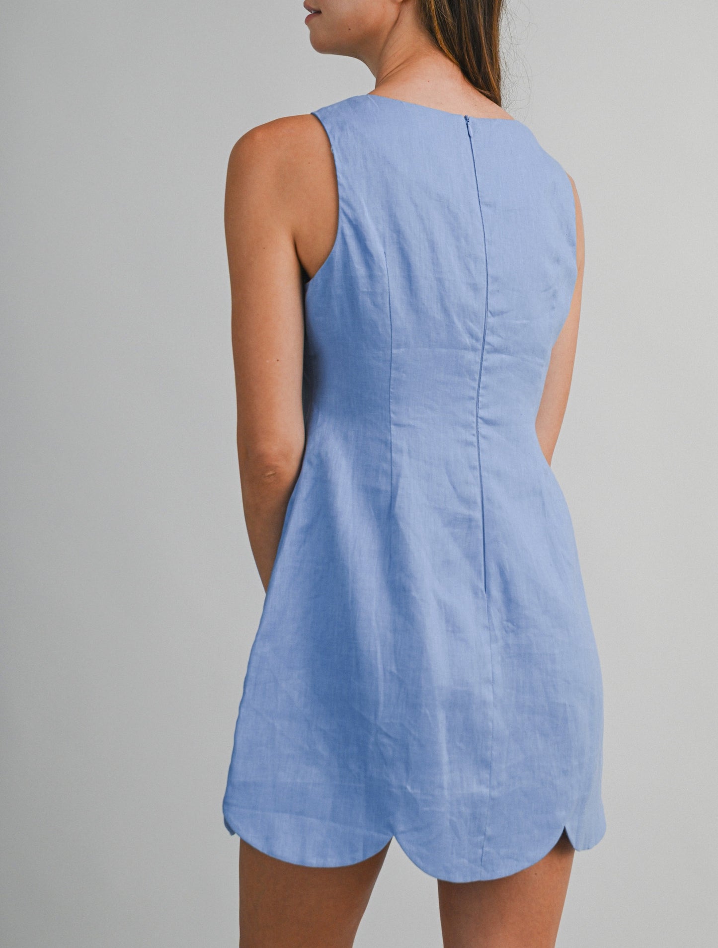 Linen Scallop Hem Mini Dress - Periwinkle