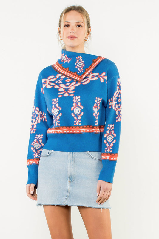 Long Sleeve Print Sweater - Blue