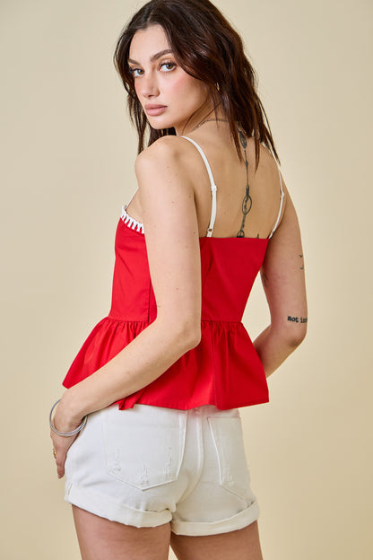 Peplum Game Day Top w/Contrast Stitching Detail - Red