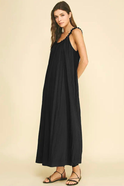 Solid Maxi Dress with Ball Trim Neckline - Black