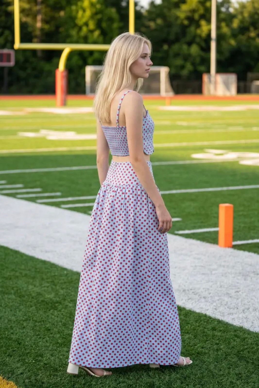 Trim Appliqué Crop Top and Polka Dot Maxi Skirt Set - Powder Blue/Red
