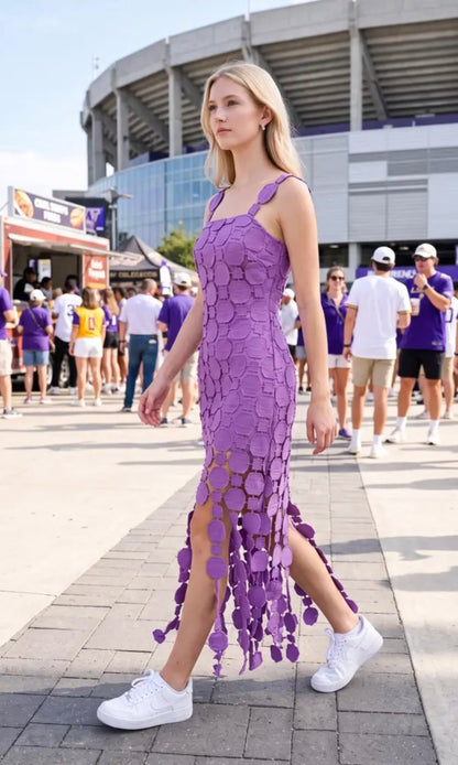 3D Lace Appliqué Fringe Hem Bodycon Midi Dress - Purple