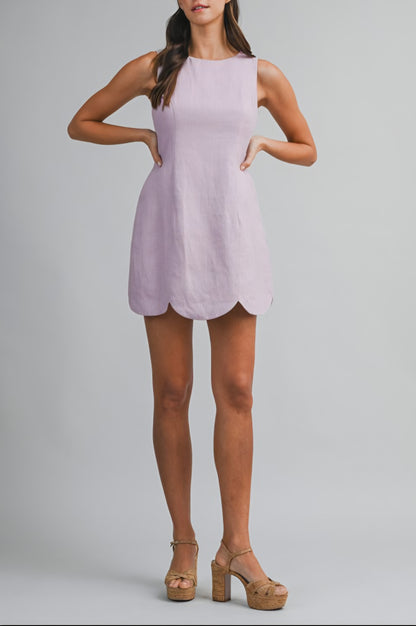 Linen Scallop Hem Mini Dress - Lavender