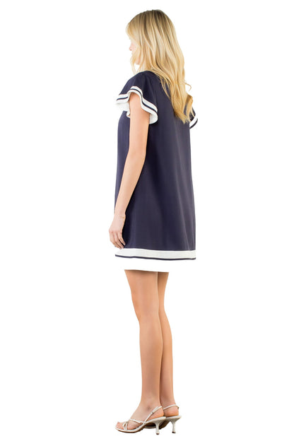 Flutter Sleeve V-Neck Dress - Navy - Spinout