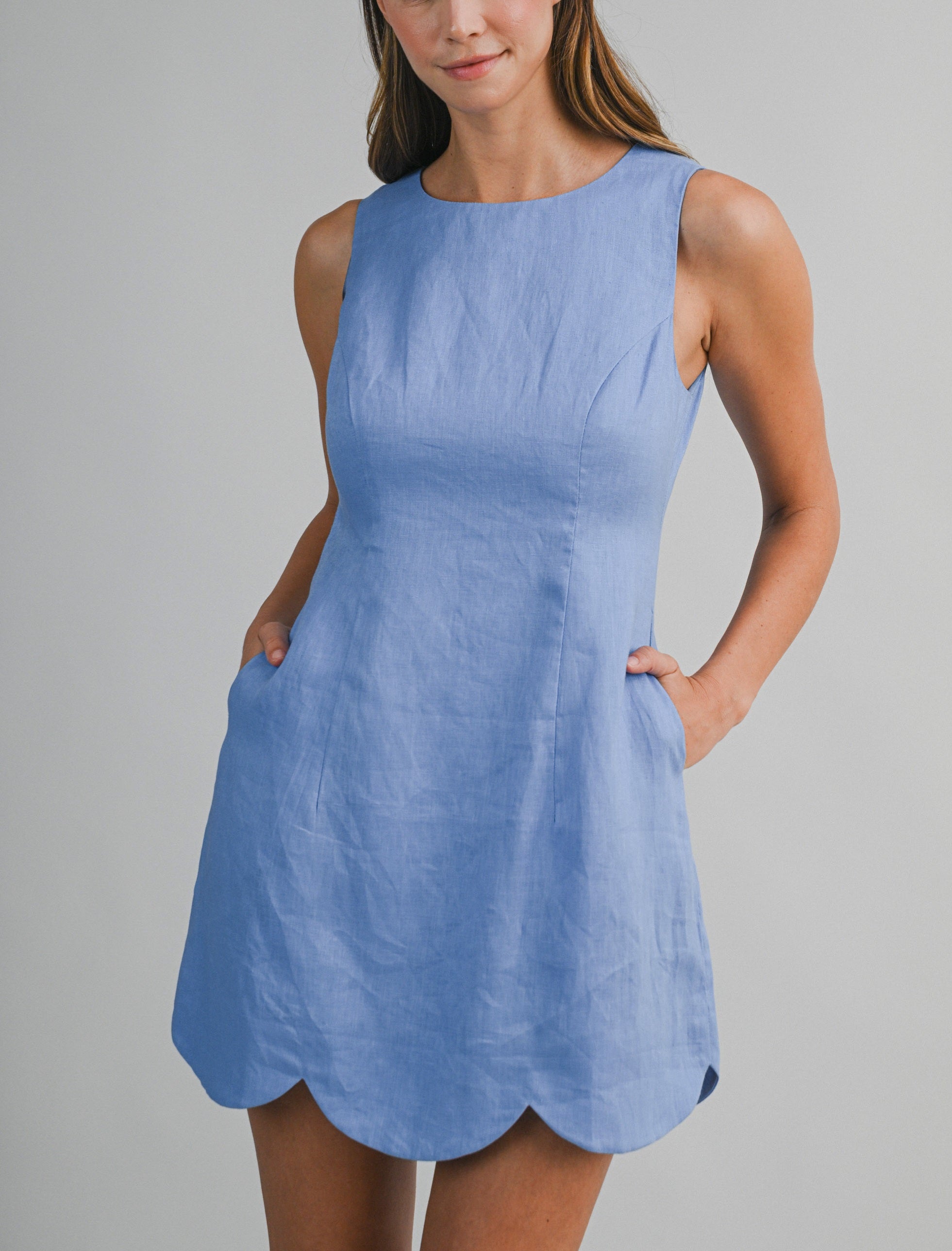 Linen Scallop Hem Mini Dress - Periwinkle