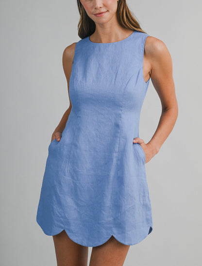 Linen Scallop Hem Mini Dress - Periwinkle