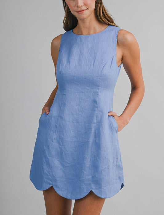 Linen Scallop Hem Mini Dress - Periwinkle