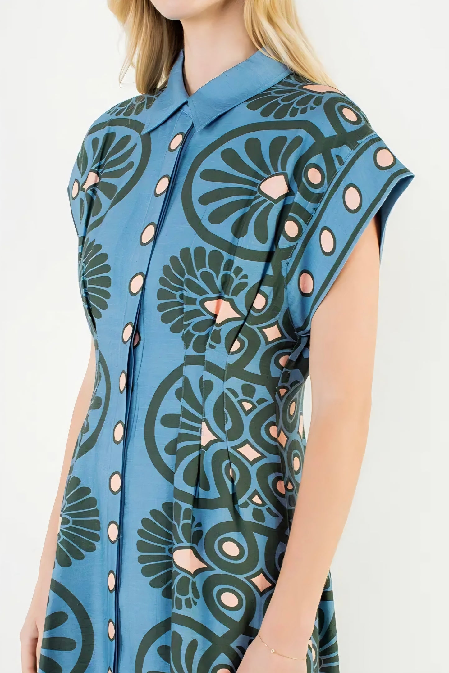 Short Sleeve Distinctive Pattern Dress - Blue