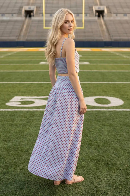 Trim Appliqué Crop Top and Polka Dot Maxi Skirt Set - Powder Blue/Red