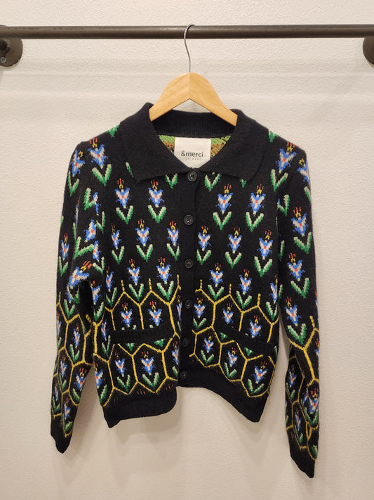 Floral Knit Collared Sweater Cardigan - Black Multi
