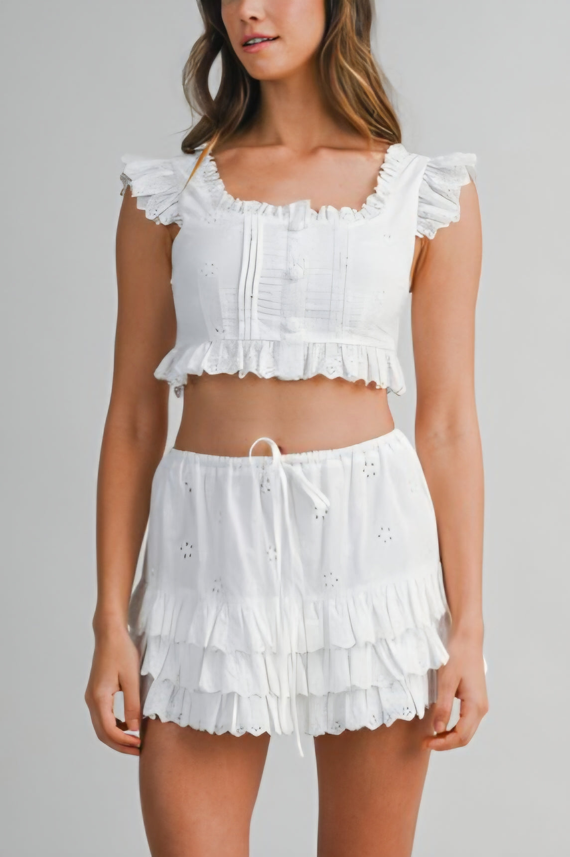 Eyelet Crop Top & Mini Skirt Set - Off-White