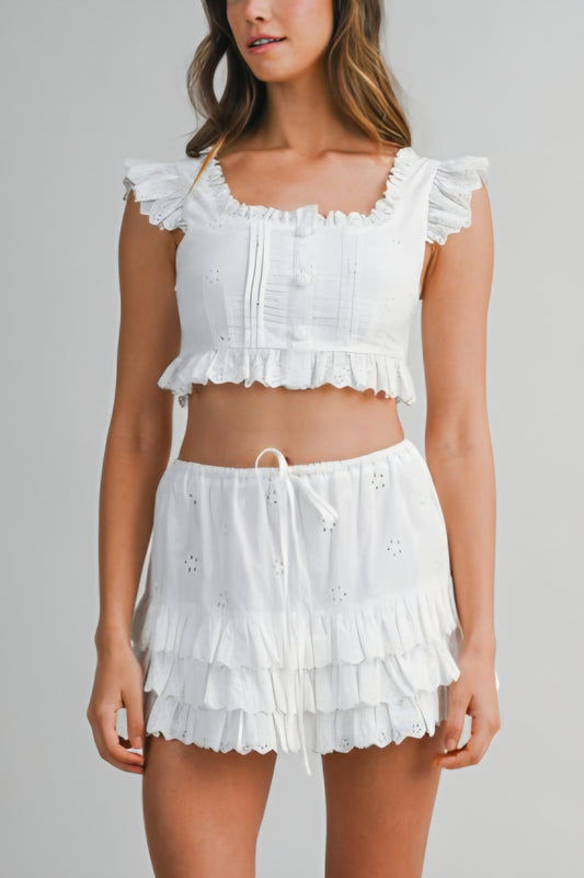 Eyelet Crop Top & Mini Skirt Set - Off-White