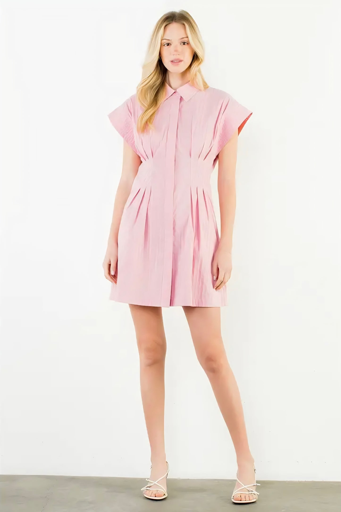 Short Sleeve Striped Button Down Dress - Pink