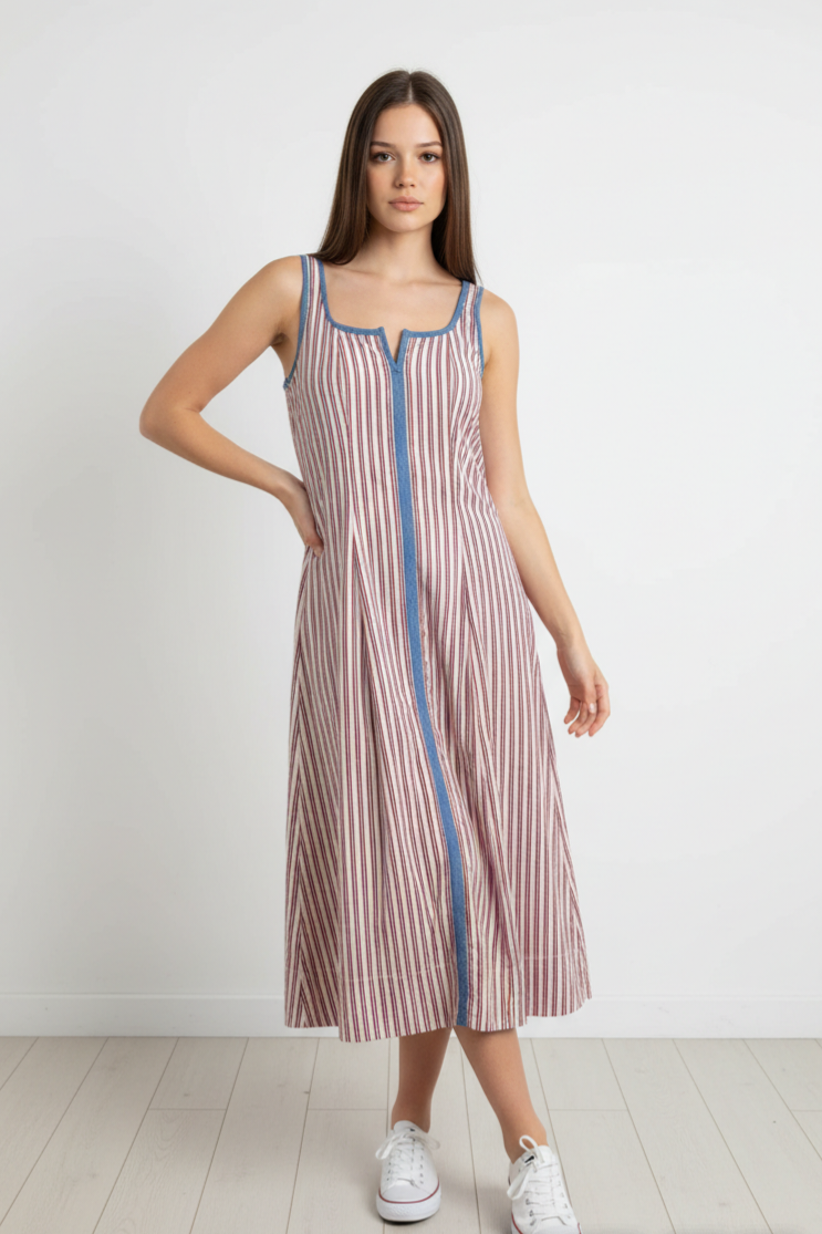 Thin Strap Striped Dress - White